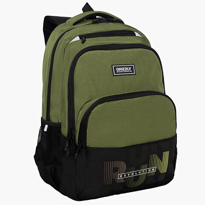 Рюкзак GRIZZLY школьный, анатом. спинка, 2 отделения, д/мальч., RUN, хаки 45х32х23 см, RU-530-6/3, 274210