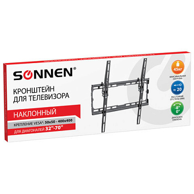 Кронштейн-крепление для ТВ настенный, до 45 кг, VESA 75х75-400х400, 32"-70", черный, SONNEN, 455949