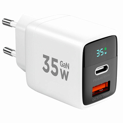 Зарядное устройство сетевое (220В) CABLEXPERT, дисплей, 35 Вт GaN, QC4/PD3, 1хUSB, 1хType-C, MP3A-PC-52, 514207