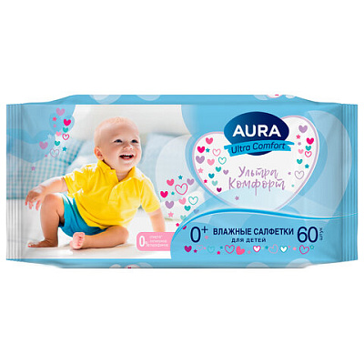Салфетки влажные 60 шт., для детей, AURA "Ultra Comfort", без спирта, 8106, 117681
