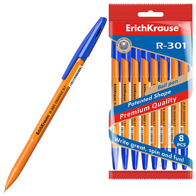 Ручки шариковые ERICH KRAUSE R-301 "Stick Orange", СИНИЕ, набор 8 штук, 0,7 мм, 56614, 144568