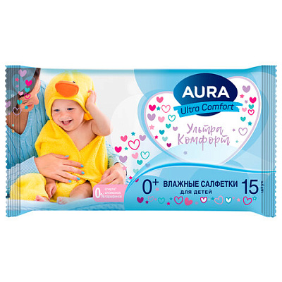 Салфетки влажные 15 шт., для детей, AURA "Ultra Comfort", без спирта, 8492, 117676