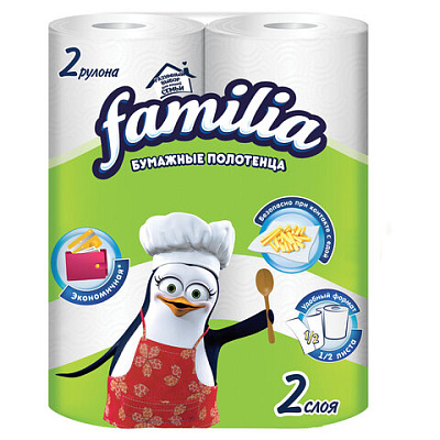 Полотенца бумажные двухслойные, 2 рулона (2 х 9,6 метра), FAMILIA "Радуга", отрыв 1/2 листа, 5070609, 117704