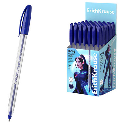 Ручка шариковая ERICH KRAUSE "U-108 Stick Classic", СИНЯЯ, узел 1 мм, линия 0,3 мм, 47564, 143888