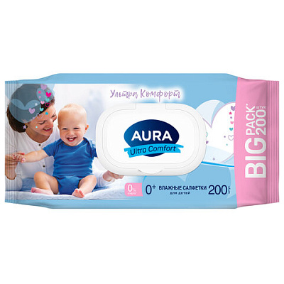 Салфетки влажные 200 шт., для детей, AURA "Ultra Comfort", без спирта, крышка-клапан, 8839, 117695