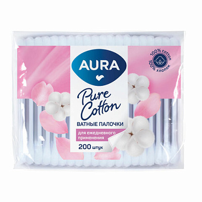 Ватные палочки КОМПЛЕКТ 200 шт., AURA, пакет, 13141, 117603