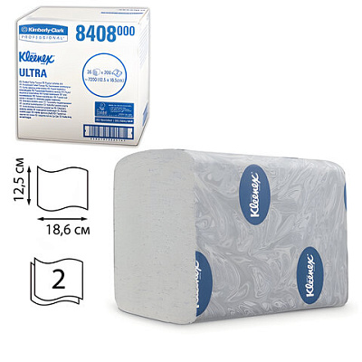 Бумага туалетная листовая KIMBERLY-CLARK Kleenex, КОМПЛЕКТ 36 шт., Ultra, 200 л., 18,6х12,5 см, 2-слойная, артикул 8408, 126128