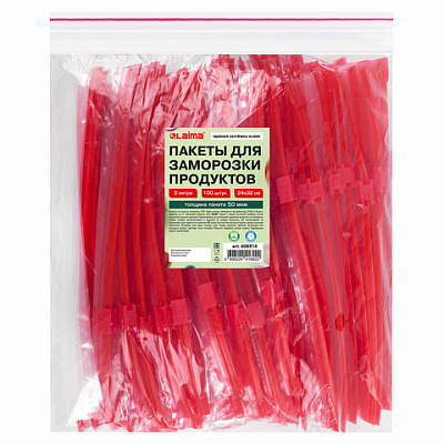 Пакеты для заморозки продуктов, 3 л, КОМПЛЕКТ 100 шт., с замком-застежкой (слайдер), LAIMA, 608914